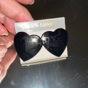 Vintage new on card Large Black Plastic Heart Post Earrings